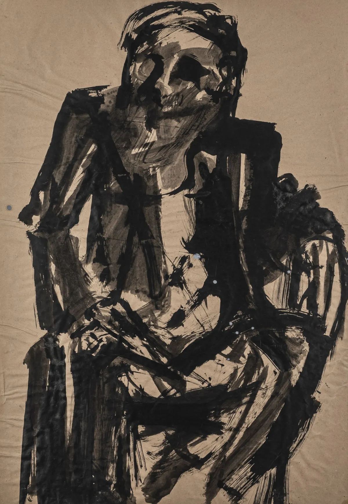 Hödicke, Karl Horst – 无题。（坐着的男子）。棕色纸上大幅墨水画，粘贴于较硬的底板上。