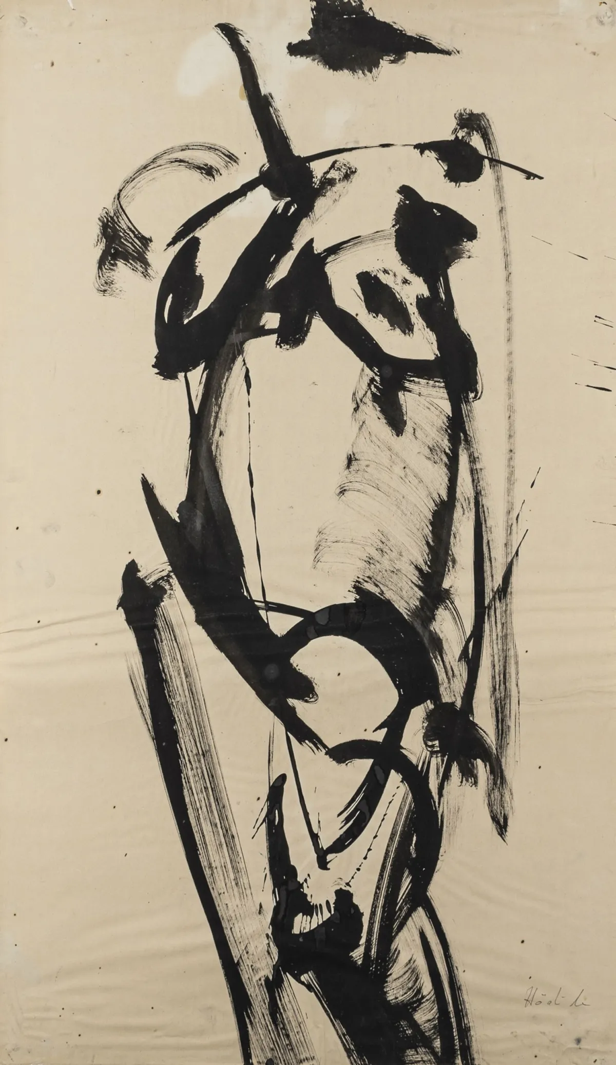 Hödicke, Karl Horst – 无题。（女性裸体）。鹿皮色纸上墨水画，局部粘贴于底板上。