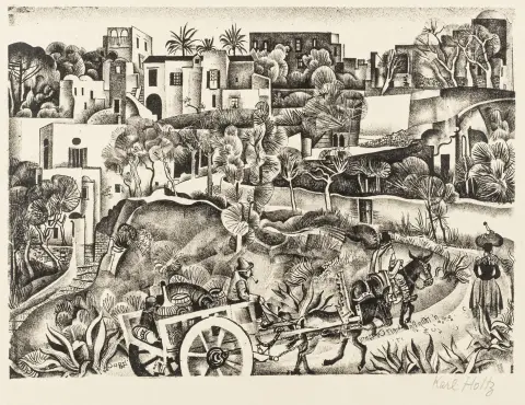 Holtz, Karl – Farklı kağıtlar üzerine 9 (1 imzalı) litografi koleksiyonu. 1922-1927. Motif ölçüsü: 14,5 x 28 cm ila 23 x 29…