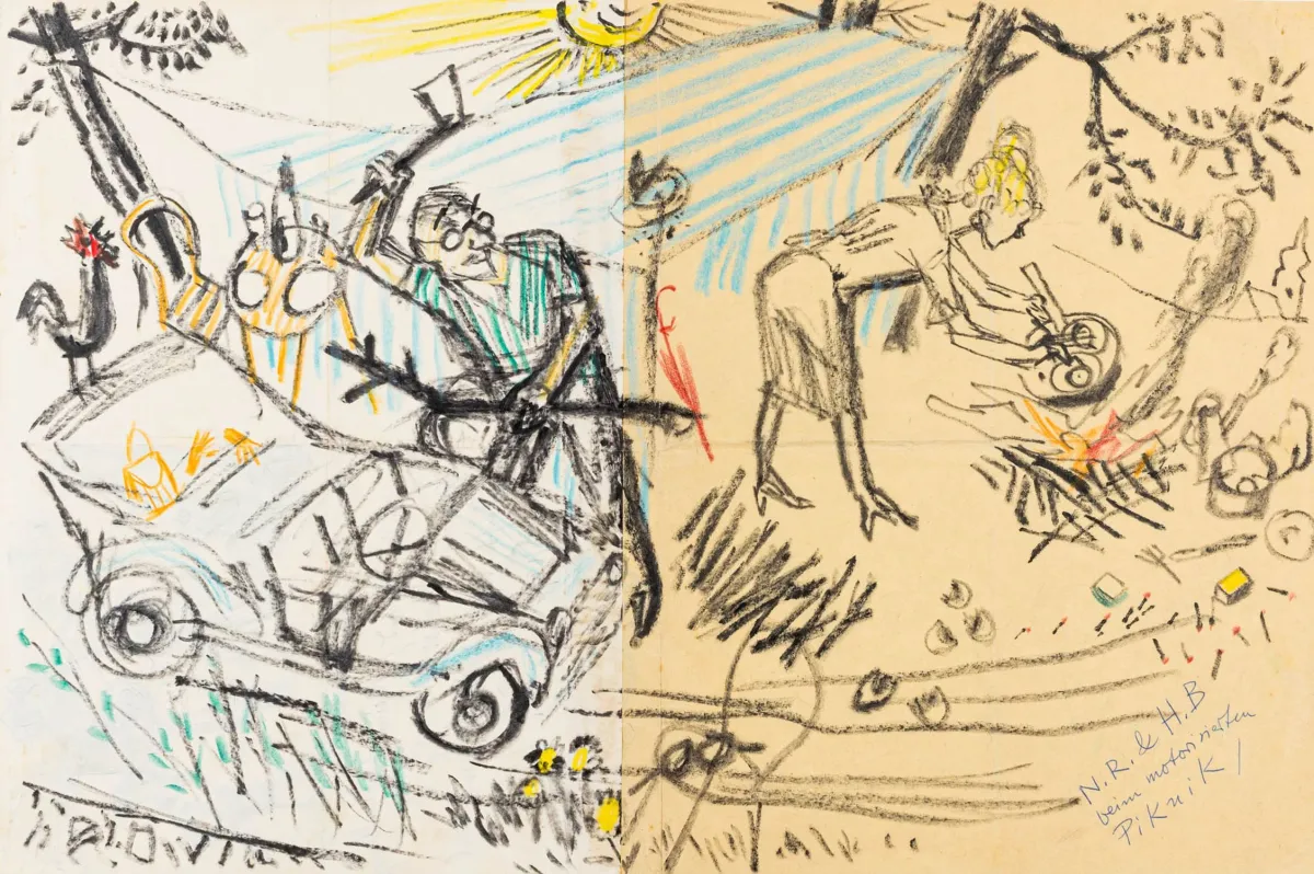 Hubbuch, Karl – N.R.与H.B的摩托化野餐。蜡笔素描，绘于2张拼接纸上