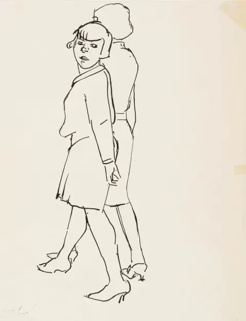 Hubbuch, Karl – Başlıksız. (Gezinen kızlar). İnce velin üzerine mürekkep çizim. Sol altta imza kaşesi. Yaklaşık 1920