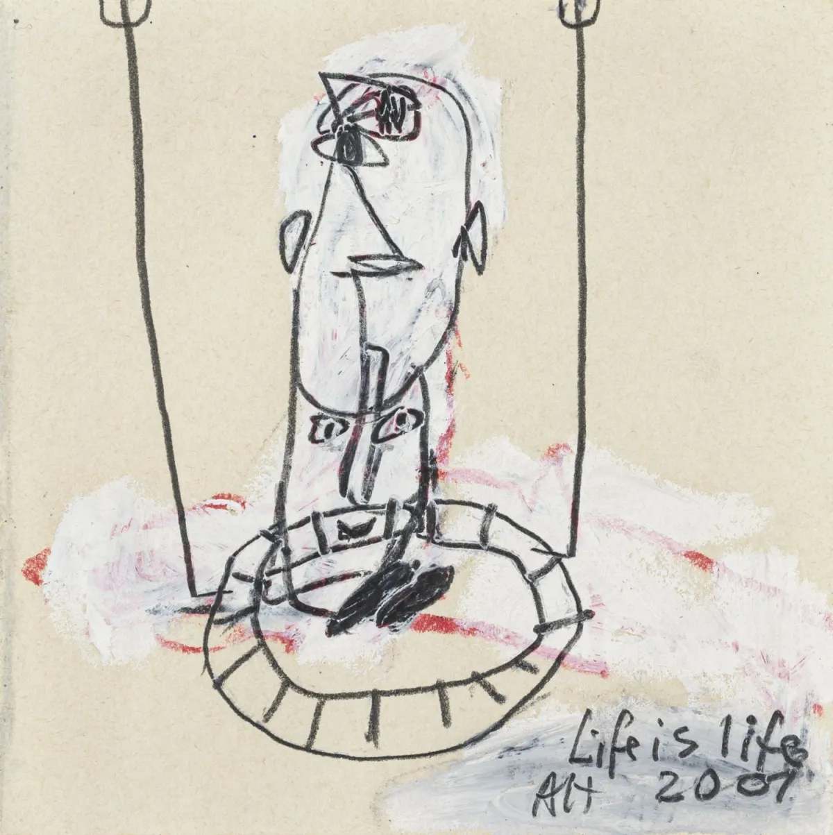 Huber, Alexandra – Life is life。纸上铅笔、覆盖白和彩色铅笔。右下角有字母组合标记、题注和日期。2001年。…