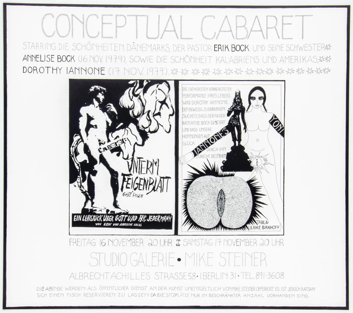 Iannone, Dorothy 与 Erik & Annelise Bock – Conceptual Cabaret。厚纸丝网版画。1979年。画面尺寸:57,5 x 65,5 cm。非常…