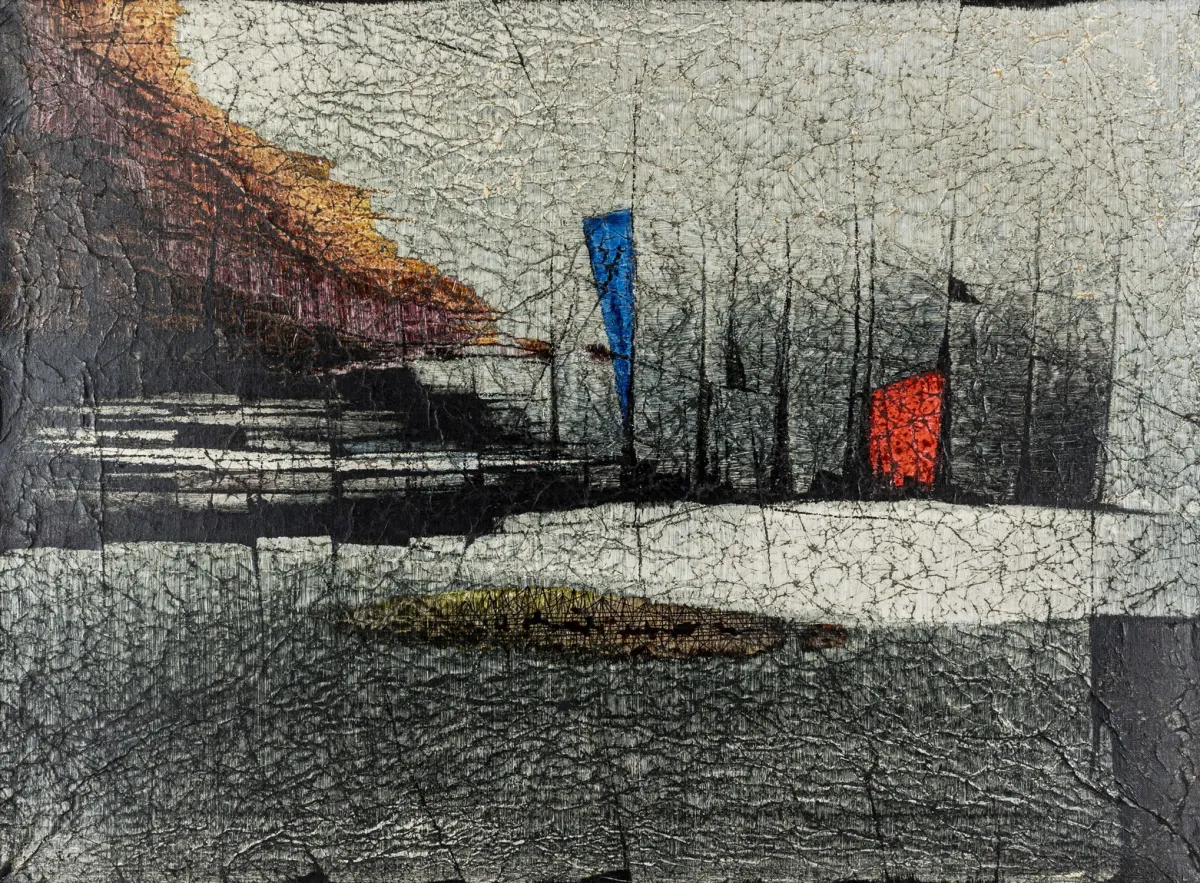 Jaenisch, Hans – TB #74。犊皮纸上油画，有折痕，裱于画布。右下角有"Jae"字母组合签名。