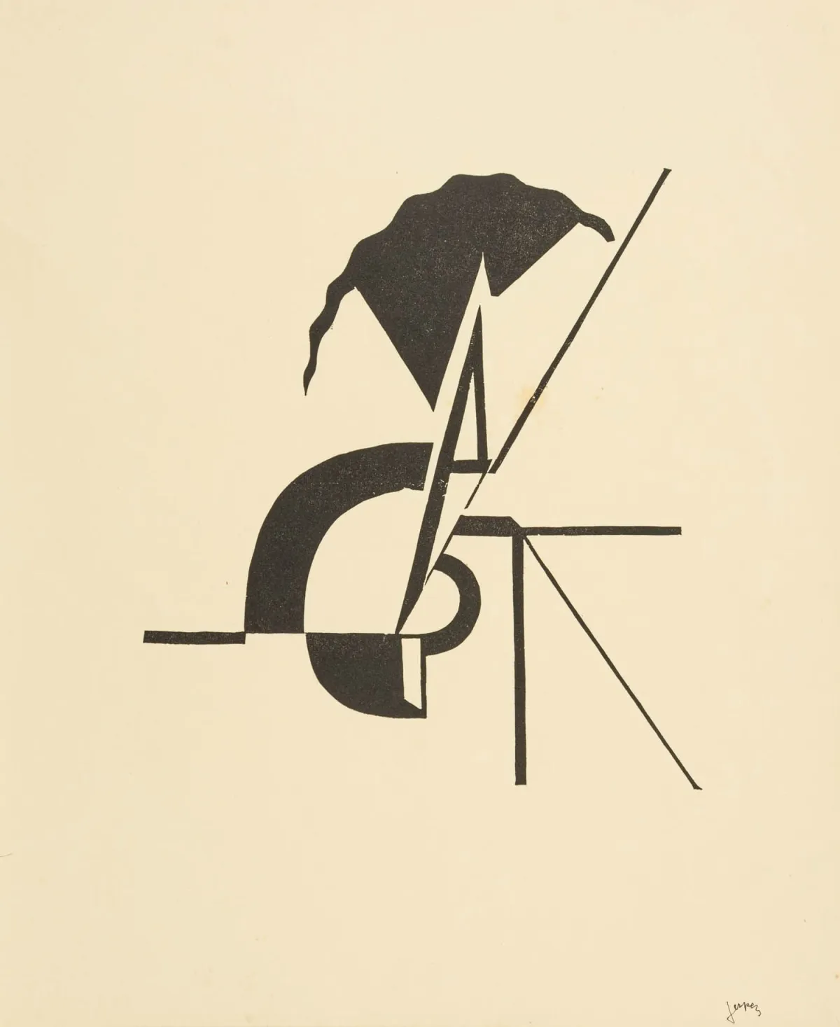 Jespers, Oscar – Paul van Ostaijen《Verloren Stad》的2幅试印版画。光滑纸张上的木刻和麻胶版画。每幅均有他人标注"Jespers"。