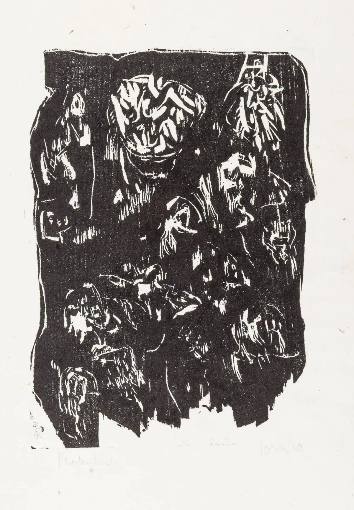 Jorn, Asger – Gelichter。日本纸木刻版画。右下角铅笔签名并注明日期，左下角标注为 "Probedruck"。