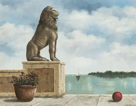 卡利什，莱昂内尔 – 狮子与帆船。布面油画。右下角签名。1990年。画面尺寸：41 x 51厘米。带框：54,5 x 65厘米。