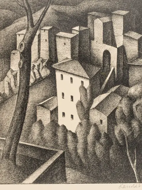 卡诺尔特，亚历山大 – Olevano V。犊皮纸石版画。右下角铅笔签名。1925年。图案尺寸：22.5 x 17.5厘米。