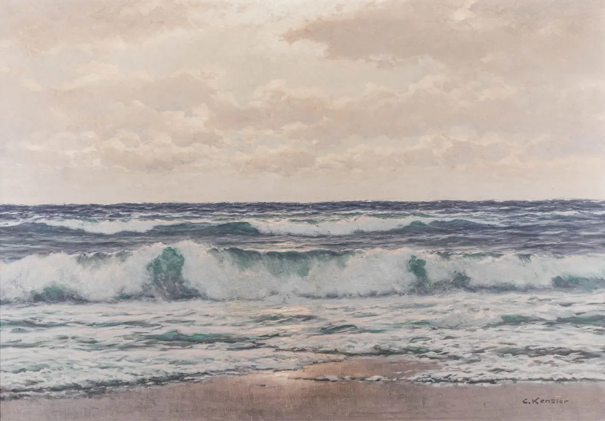 Kenzler, Carl – 海浪拍岸。布面油画。左下方签名。内框尺寸：70 x 100厘米。带框：80 x 110厘米。