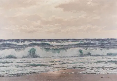 Kenzler, Carl – 海浪拍岸。布面油画。左下方签名。内框尺寸：70 x 100厘米。带框：80 x 110厘米。