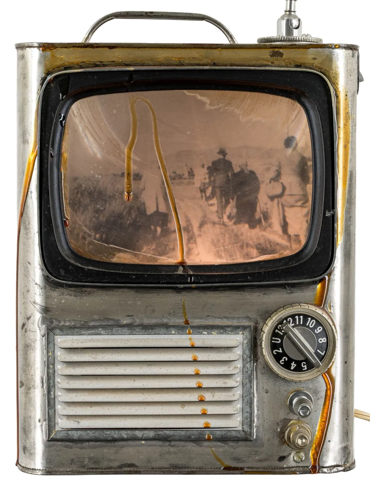 Kienholz, Edward – The Opti-Can Royale。树脂浇铸金属物件，带菲涅尔透镜、灯泡和 1 张（共 3 张）黑白照片卡片。