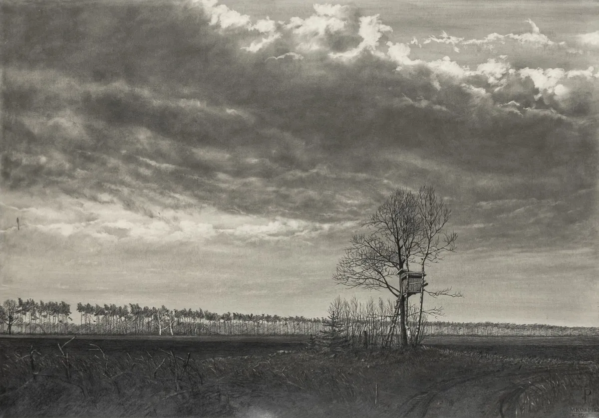 Koeppel, Matthias – 无题。（带狩猎台的风景）。铅笔素描，绘于光滑纸张。右下角签名并注明日期。