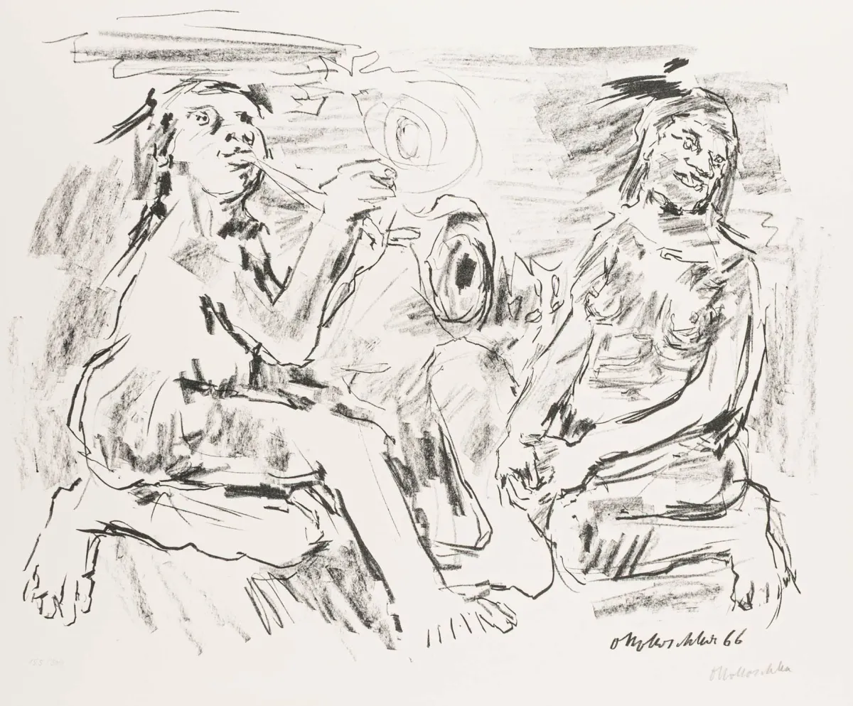 Kokoschka, Oskar – 音乐的力量。手工纸石版画。右下角铅笔签名，上方石版上签名并标注日期，左边距有编号，背面有"Kunstverein in Hamburg"印章。编号：155/300。1966 年。图案尺寸：45 x 57 cm。画面尺寸：57,5 x 80 cm