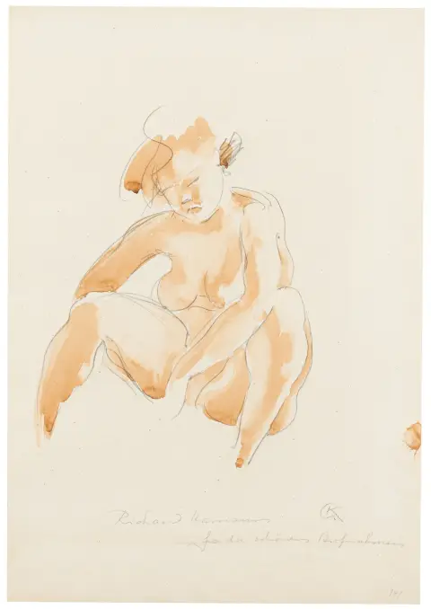 Kolbe, Georg – Nudo femminile seduto a terra. Disegno a matita lavato con seppia su velina robusta.