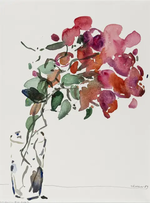 Koller, Oskar – Ramo di bougainvillea. Acquerello su carta per acquerello robusta. Firmato, datato e intitolato a matita.