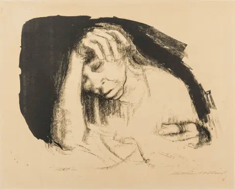 Kollwitz, Käthe – Lavoro a domicilio. Litografia a matita e pennello su cartoncino velin morbido. Firmata a matita in basso a destra. 1925 (non prima del 1927).