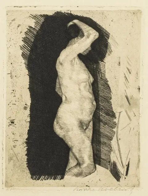 Kollwitz, Käthe – Nudo femminile in piedi. Acquaforte a tratto e puntasecca su velin solido color champagne. Firmata entro il margine della lastra in basso a destra. 1900.