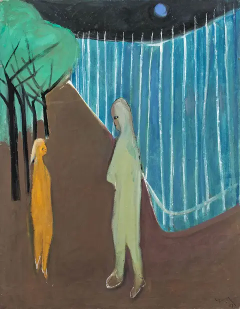 Kramm, Willibald – Senza titolo. (Padre e figlio.) Guazzo su carta fatta a mano azzurro chiaro. Firmato e datato in basso a destra. 1951.…