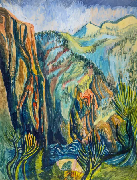 Krauskopf, Bruno – Senza titolo. (Paesaggio montano meridionale). Guazzo e acquerello su carta più spessa. Firmato in basso al centro.