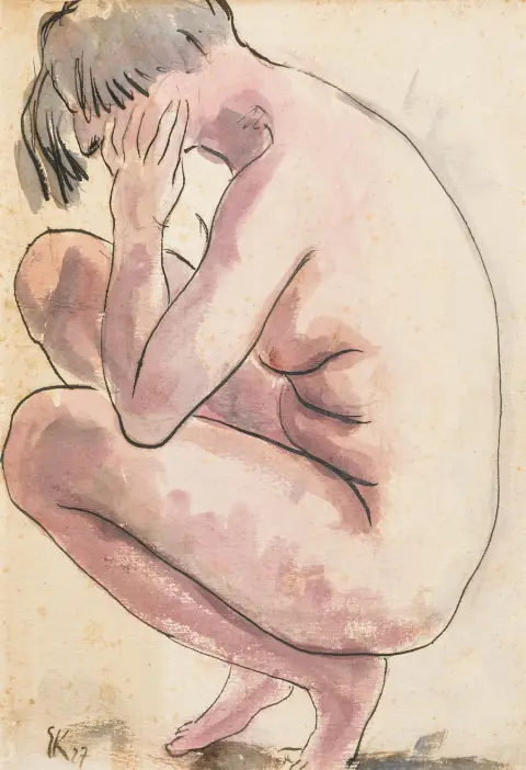 Kuhn, Erich – Nudo accovacciato. Acquerello e inchiostro su carta. Monogrammato e datato in basso a sinistra. 1927. Dimensioni foglio: 33 x 23 cm. Margini…