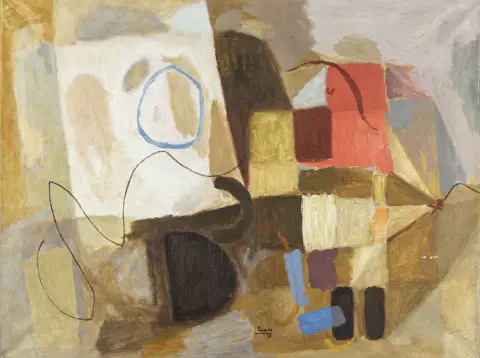 Laabs, Hans – Senza titolo. (Composizione astratta). Olio su tela. Firmato e datato in basso al centro. 1958. Dimensioni (con cornice): 62 x 80 cm.