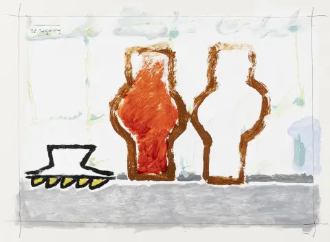 Laabs, Hans – Natura morta. Tecnica mista con guazzo, biacca e matita colorata su velina. Firmato e datato in basso a destra. 1972. Dimensioni motivo: 23 x 31 cm.