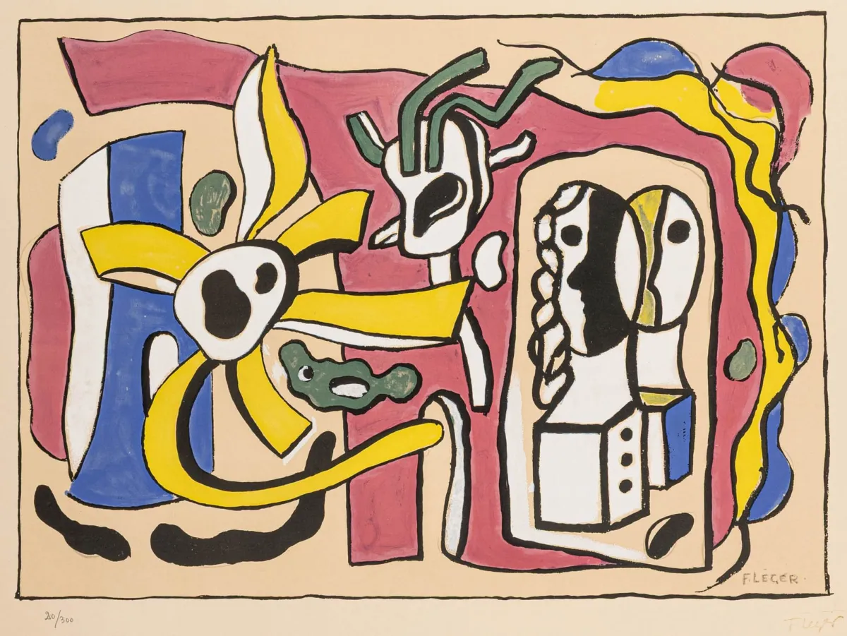 Léger, Fernand – Nature morte aux deux poupées。硬质犊皮纸上彩色石版画，右下角有"MUSÉE FERNAND LÉGER BIOT"钢印。
