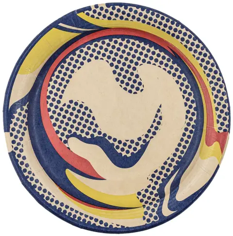 Lichtenstein, Roy – Piatto. Serigrafia su piatto di cartone. Datato al verso, 1969. Diametro: 26 cm. Edito da On 1st Inc. - Lievemente…