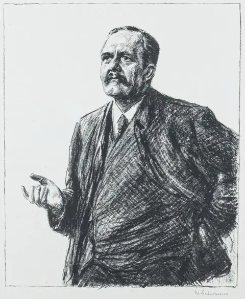 Liebermann, Max – Senza titolo. (Ritratto di Justus Brinckmann). Acquaforte a puntasecca su velina solida color camoscio. Firmata sotto…
