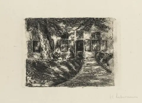 Liebermann, Max – Sotto gli alberi (Casa delle vecchie a Laren). Acquaforte a puntasecca e vernis-mou su carta giapponese color champagne. Firmato a matita in basso a destra sotto la lastra. 1892.
