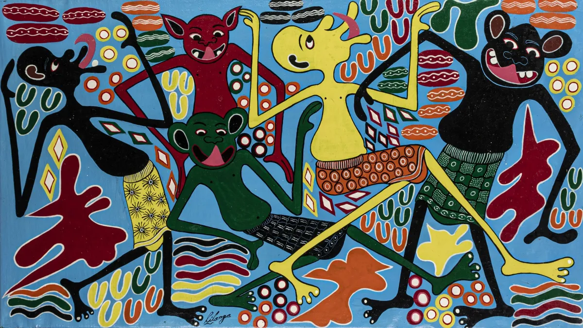 利兰加，乔治 – Mashinda ya Ulimi。布面丙烯。签名并于背面标注。约1980年。画面尺寸：126.5 x 72 厘米。带框：134 x…