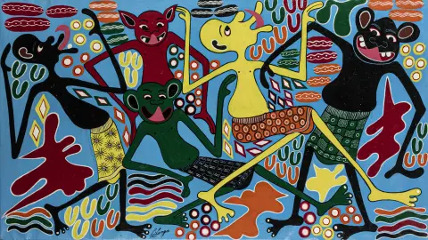 Lilanga, George – Mashinda ya Ulimi. Acrilico su tela. Firmato e iscritto al verso. Circa 1980. Dimensioni immagine: 126,5 x 72 cm. Incorniciato: 134 x 78 cm.