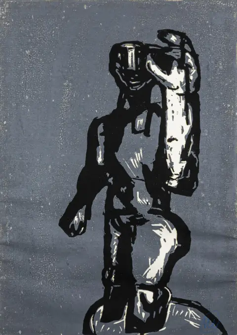 Lüpertz, Markus – Senza titolo. (Figura in piedi in grigio-blu). Xilografia a colori su carta
