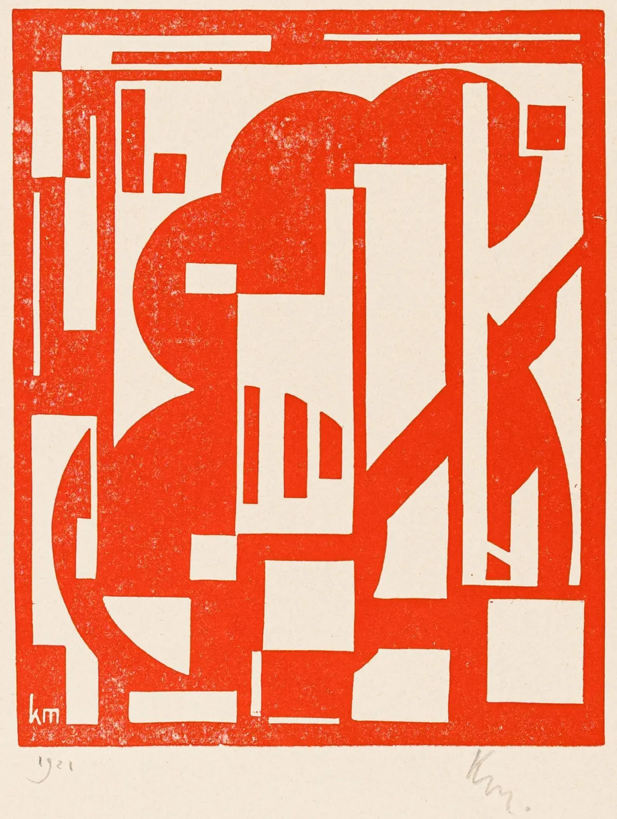 Maes, Karel——几何构图。3幅红黑麻胶版画，印于光滑纸张上。各幅版上有缩写签名，其中一幅版上另有日期，两幅纸上有疑似亲笔铅笔缩写签名和日期。