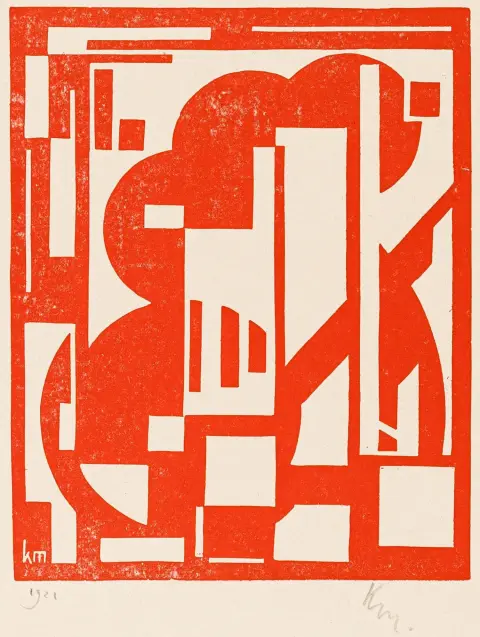 Maes, Karel – Composizioni geometriche. 3 linoleografie in rosso e nero su carte lisce