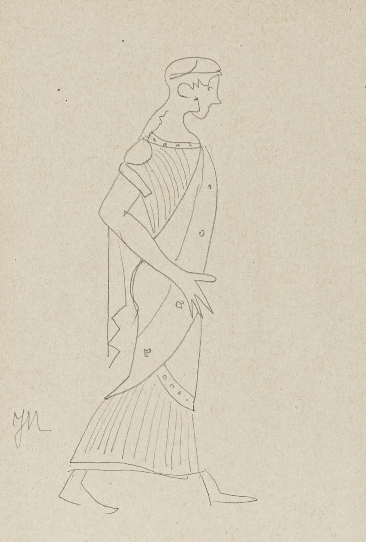 Mammen, Jeanne – 无题。（身着古代服饰的行走者）。光滑纸面铅笔素描。中左部有花押字。