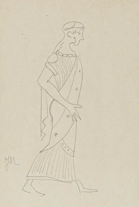 Mammen, Jeanne – Senza titolo. (Figura in cammino in abito antico). Disegno a matita su carta liscia. Monogrammato al centro a sinistra.
