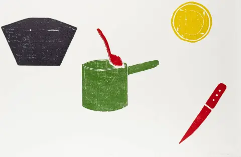 Mansen, Matthias – Cucina, parti. Xilografia a colori su velina, da una matrice composta. Firmata e datata in basso a destra. In basso al centro il titolo…