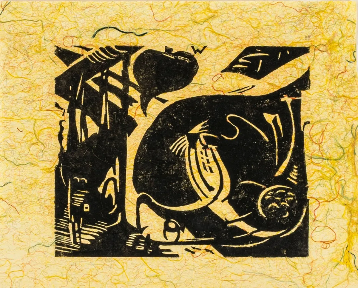Marc, Franz – 两只神兽。木刻版画，印于带多色纤维的黄色日本纸上。版画下方中央有花押。下方…
