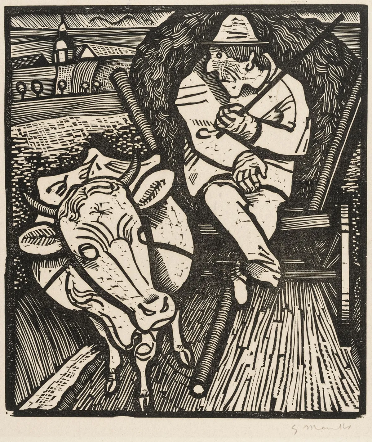 Marcks, Gerhard – 牧牛人。木刻版画，印于米色日本纸上。右下方铅笔签名。1923年。画面尺寸：29,2 x 25,8厘米。…