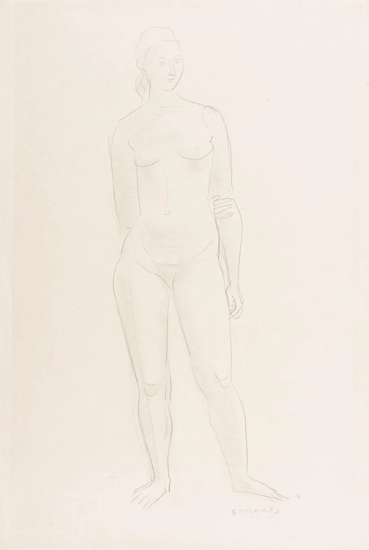Marcks, Gerhard – 站立的女性裸体。牛皮纸上的铅笔(水印"AAF")。右下角铅笔签名。