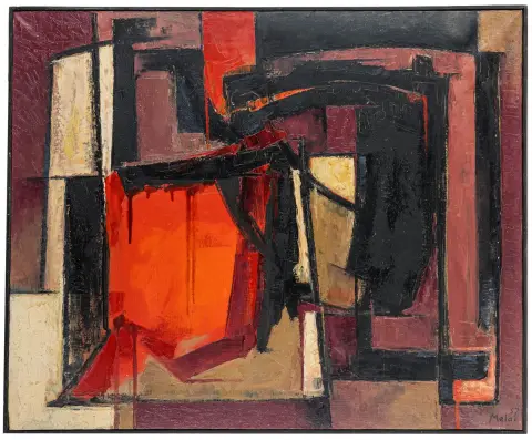 Melai, August – Pamplona. Olio su tela. Firmato e datato in basso a destra, intitolato sul retro sul telaio. 1957. Dimensioni immagine (incorniciata in sottile listello di legno): 61 x 74 cm. Opera informale dell'artista olandese Guus Melai (1923-2000). Leggermente sfregata e impolverata, la tela in alto a destra leggermente bombata, la cornice in parte ammaccata e graffiata.