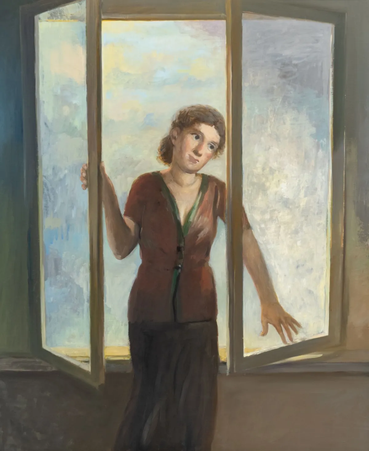 Metzkes, Harald – 在窗中映照。布面油画。2006年。画面尺寸：145 x 120 cm。含框：160 x 135 cm。背面框上贴有…