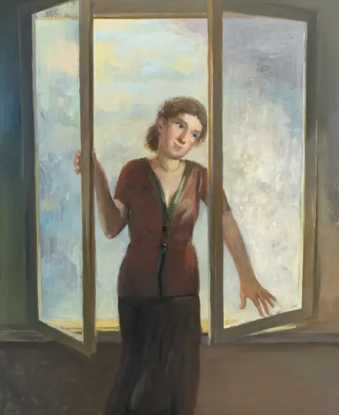 Metzkes, Harald – Riflesso nella finestra. Olio su tela. 2006. Dimensioni immagine: 145 x 120 cm. Incorniciata: 160 x 135 cm. Sul retro...