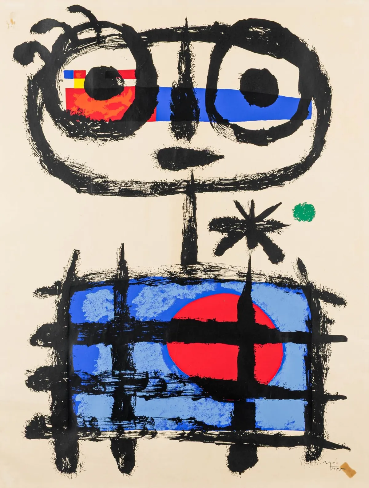 米罗，胡安 – Mangeur de soleil。纸上彩色石版画。印版上签名并标注日期。1955年。纸张尺寸：76,5 x 59 厘米。