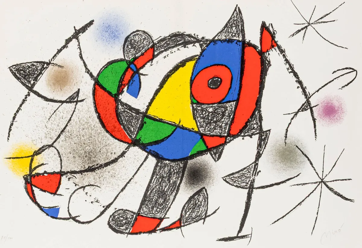 米罗，胡安 – Peintures gouaches dessins。轻质纸板上彩色石版画。右下角签名。左下角编号。版本：71/100。