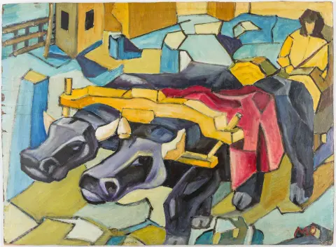 Mohi, Sandor – Senza titolo. (Carro con bufali). Olio su tavola di legno. Monogrammato in basso a destra. Probabilmente anni 1960. Dimensioni: 43,5 x 59,5 cm.