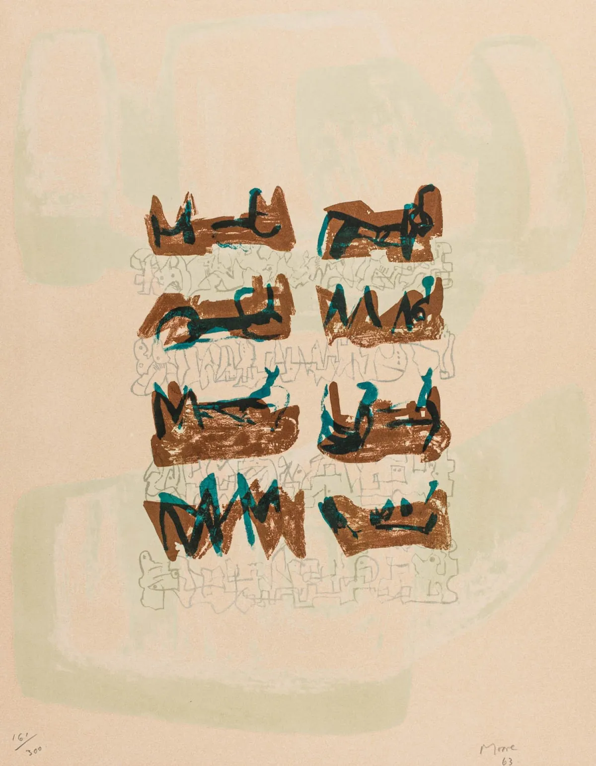 Moore, Henry – Eight Reclining Figures on Rock Background. Colour lithograph on Arches. Signed and dated lower right, numbered lower left.