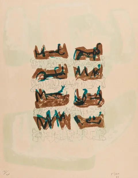 Moore, Henry – Eight Reclining Figures on Rock Background. Litografia a colori su Arches. Firmata e datata in basso a destra, numerata in basso a sinistra.