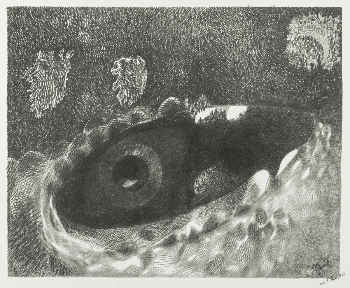 Muche, Georg – Mitternachtsee - ohne Mondschein / 无题。1 幅亮面犊皮纸变体版画和 1 幅哑光纸胶印版画。
